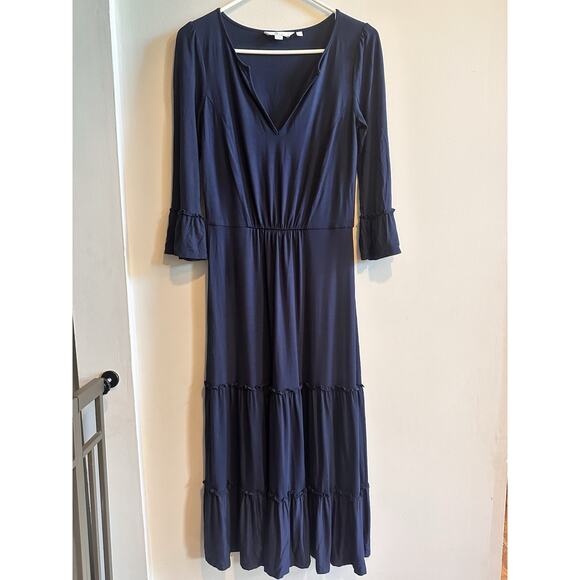 Boden Maxi Dress Size 2 Navy Blue Bell Sleeve V Neck Jersey Knit Tiered Ruffle - Picture 3 of 14
